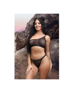 Vibes Bad Bitch One Shoulder Bling Bralette & Panty Black