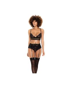 Lace Underwire Bra, Thong & Garterbelt w/Lace Up Detail Black