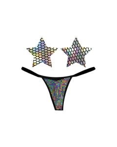 Neva Nude Naughty Knix Mirrored Mayhem Holographic G-String & Pasties - Black O/S