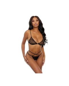 Sheer Mesh Pearl Bra & Strappy Pearl Panty Black O/S