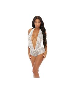 Sheer Lace Deep V Halter Bodysuit w/Open Crotch White