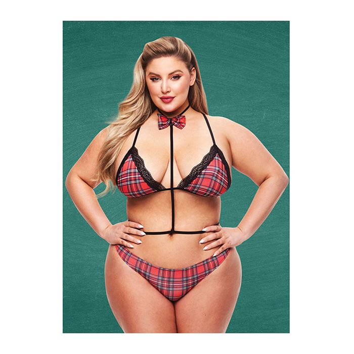Teacher's Pet Baddie Schoolgirl Top w/Bow Tie & Panty Red/Black QN